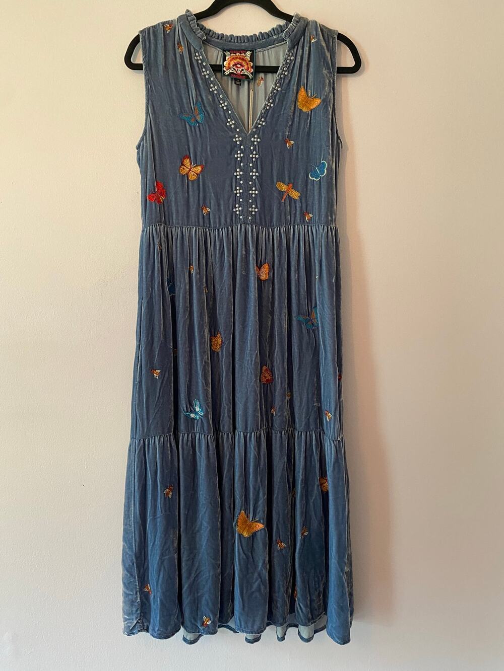 NWT Johnny Was Blue Velvet Sleeve Colette Butterfly Midi Dress Women size Small
